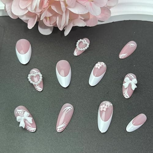 White French Tip Press on Nails Medium Almond Fake Nails with White Bow Flower Designs Glossy Valentines Pearl Heart Charms False Nails False Nails Press ons Cute Floral Acrylic Nails for Women 24Pcs thumbnail 5