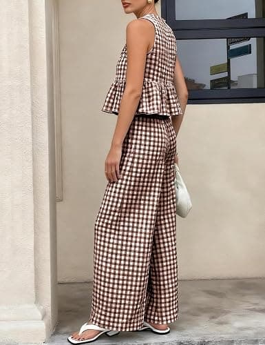 VATEAMI Womens 2 Piece Outfits Sets Gingham Plaid Sleeveless Ruffle Tank Tops and Wide Leg Pants Summer Matching Lounge Sets thumbnail 4