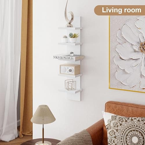 Fun Memories 5 Tier Wall Shelf Unit, White Floating Shelves for Storage - Vertical Column Tower Design, Lack Wall Shelf Space Saving Organizer for Bedroom, Living Room, Home Decor thumbnail 2