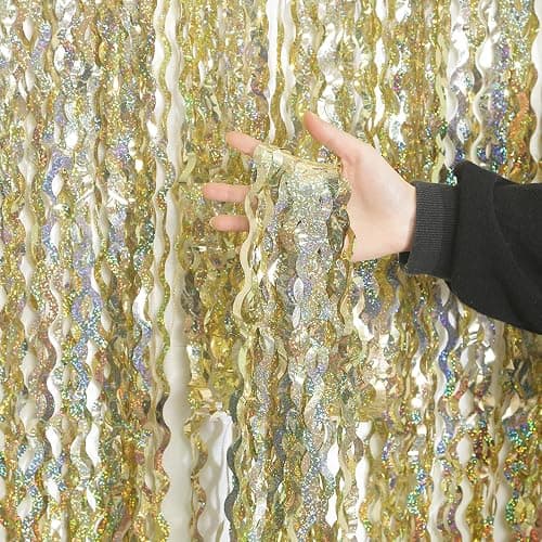 4 Pack Wavy Sparkle Champagne Gold Metallic Tinsel Foil Fringe Curtains Photo Booth Backdrop | Gold Streamer Backdrop for Holiday Celebration Bachelorette Party Decorations - Image 1