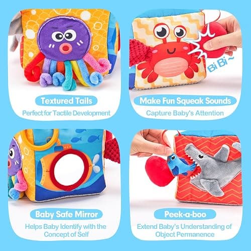hahaland Baby Tissue Box Toy - Baby Toys 6-12 Months Montessori Toys for 6 Month Old with Textured Tails, Crinkle Tissues, Squeaky, Mirror, Gifts Play Silks Sensoy Scarves for Babies Stocking Stuffers thumbnail 6