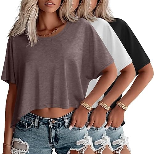 Huukeay 3 Pack Oversized Cropped T Shirts for Women Casual Short Sleeves Crop Tops Crew Neck Irregular Hem Baggy Tees - Image 1