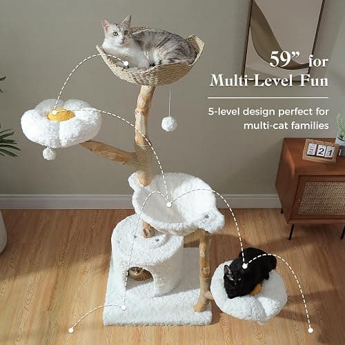 PAWZ Road Cat Tree for Indoor Cats Large Adults, 59 Inches Modern Cat Tower with Large Basket and Hammock, Natural Solid Wood, Luxury Condo & Dual Perches, Modern Cat Furniture for Big Cats, White thumbnail 5