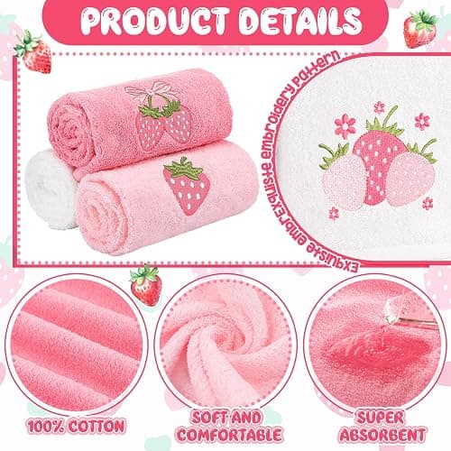 Tingjoo 3 Pcs Strawberry Hand Towels 14x29 Inch Spring Summer Bathroom Decor Farmhouse Pink Strawberry Cotton Embroidered Soft Absorbent Bathroom Decor Towels for Kitchen thumbnail 4