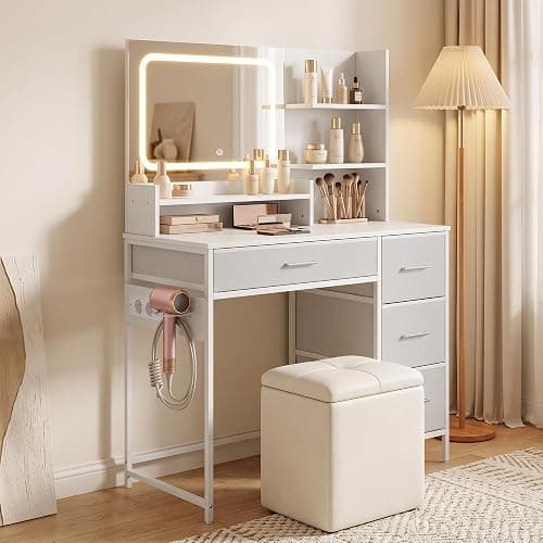 HOMCOM Tocador de Maquillaje con Espejo LED con Estación de Carga Blanco | Tocador, 3 Colores de Luz, 4 Cajones, 5 Estantes Abiertos, Soporte para Secador, Estructura Metálica, para Dormitorio - Image 1