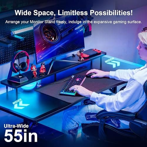 COMHOMA 55 Inch Gaming Desk with USB Charging Ports and LED Lights, Computer Desk with Monitor Stand for Home Office, Modern Gamer Desk Table with Mouse Pad & Side Hook, Colorful thumbnail 4
