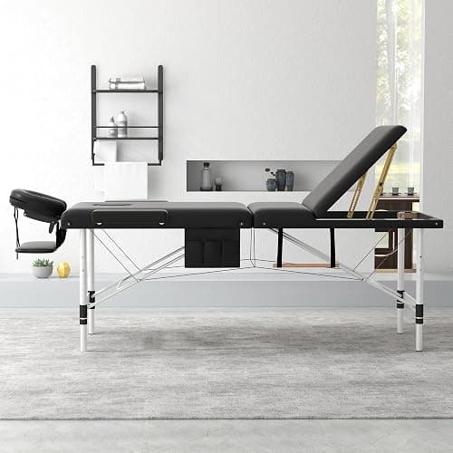 ABET Massage Table, 3 Fold Portable Professional Lash Tattoo Spa Bed, Height Adjustable 23.5" Wide Compact Facial Table with Detachable Oil Pocket Towel Rod Face Cradle Armrest, Aluminum Feet & Black thumbnail 4