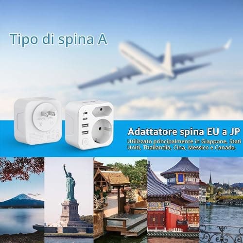 Adattatore di viaggio internazionale JSVER 6 in 1 con 2 USB-C e 2 USB-A per Giappone, Stati Uniti, Canada, Colombia, Messico, Thailandia, Arabia Saudita e altro ancora. (Con spina di tipo A) thumbnail 2