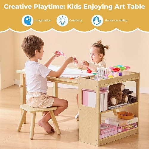 Bateso Kids Art Table and 2 Chairs Set with Roll Paper & Storage, Wooden Kid Craft Table for Drawing, Learning and Reading, Toddler Activity Play Desk for Home, Playroom or Classroom thumbnail 6