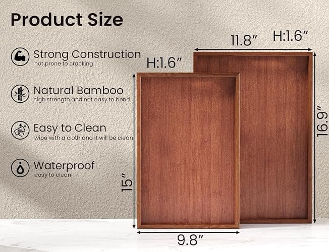Fibogollo Bamboo Set of 2 Serving Tray with Handles,Decorative Trays Platter,Breakfast Tray in Bed,Food Drinks Tray for Eating,Working,Storing(Brown) thumbnail 3