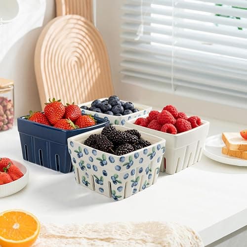AELS Ceramic Berry Basket, Farmhouse Fruit Bowl Container for Fruit & Vegetables, Farmers Market, Kitchen Decor, Stoneware Harvest Bowls, Set of 4, Navy Blueberry thumbnail 6