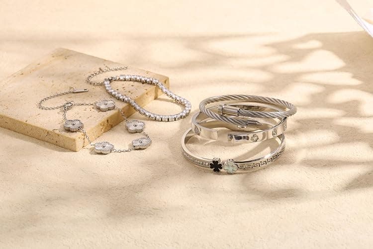 Camhanno Silver Bangle Bracelets for Women - Stainless Steel Stackable Bangles Non-Tarnish Clover Lucky Charm Bracelets, Trendy Gift for Girlfriend/Wife on Christmas Valentine’s Birthday thumbnail 9