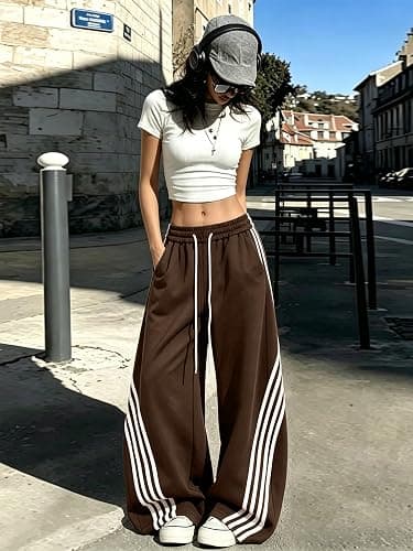 EMMIOL Women’s Y2K Baggy Barrel Striped Sweatpants High Waisted Wide Leg | Track Pants, Drawstring Waist, Adjustable Hems, and Side Pockets, Ideal for Streetwear, Workouts, School, Casual, Nights Out thumbnail 8
