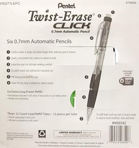 Pentel Twist-Erase Click Mechanical Pencils 0.7mm, HB #2, School Supplies, Teacher Supplies, Drawing Sketching pencils, Assorted Barrel Colors- 6 Mechanical Pencils, 6 Erasers, 3 Tubes of Lead Refills thumbnail 2