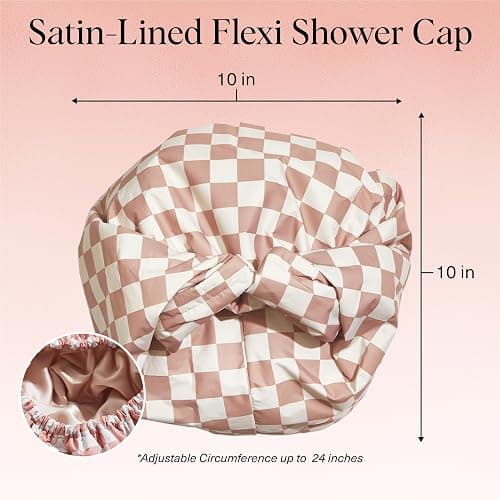 Kitsch Love & Comfort 2PC Spa Set - Satin Lined Reusable Waterproof Shower Cap and XL Quick Dry Hair Towel Wrap for Women, Microfiber Towel, Flexi Shower Cap For All Hair Types - Terracotta Checker thumbnail 3