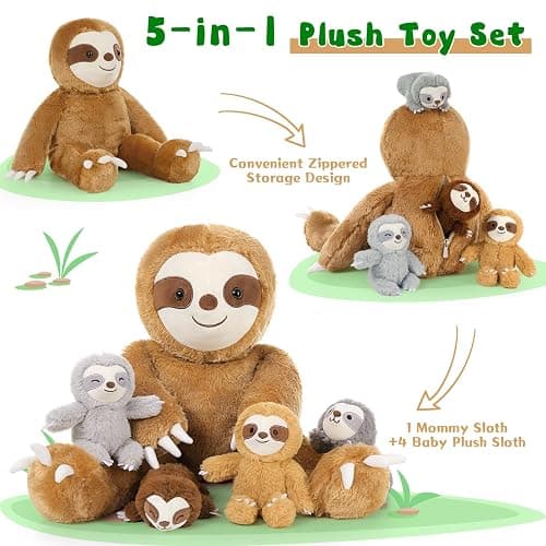 Tezituor 5Pcs Sloth Stuffed Animal Set, 22 inch Large Mommy Stuffed Sloth with 4 Babies Soft Plush Pillow for Girl Boy thumbnail 5