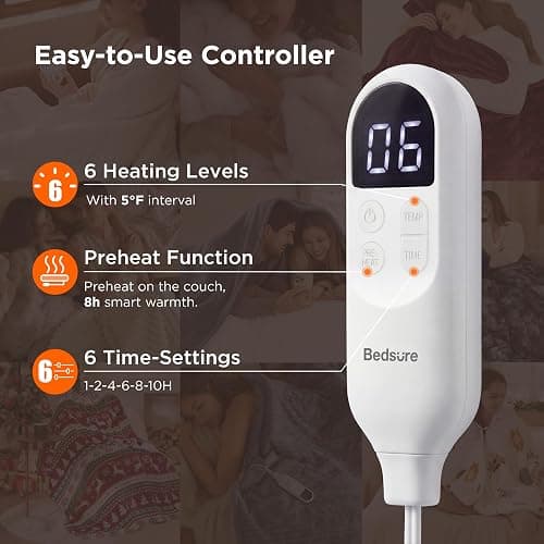 Bedsure Heated Blanket Throw Blanket with Preheat Function - Fast Heating Electric Blanket, Soft Flannel Throw with 6 Time Settings(Up to 10H), 6 Heating Settings, Gifts for Grandma (50"x60", Grey) thumbnail 5