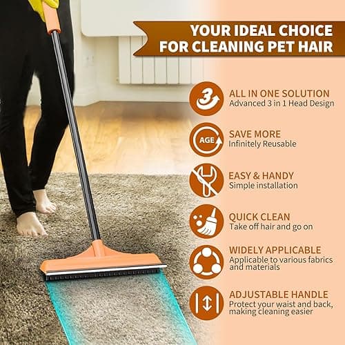 3 in 1 Carpet rake Kit for Pet Hair Removal Tool - Reusable Pet Hair Remover broom w 58"Adjustable Long Handle, Dog & Cat Carpet Scraper, Pet Hair Remover for Rugs, Mats, Couch, Curtains(Orange) thumbnail 7
