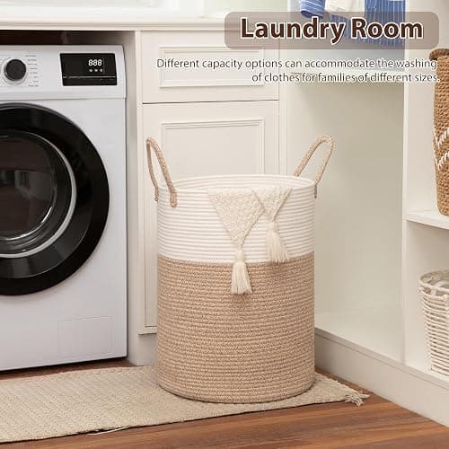OIAHOMY Large Laundry Basket Hamper - 60L Cotton Rope Woven Basket for Blankets, Toys, Clothes - Tall Decorative Nursery Hamper with Long Handles, Brown/White thumbnail 8