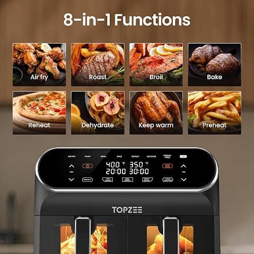 Topzee Dual Basket Air Fryer 8QT – Family Size Air Fryer with Dual Independent Zones, 8 Cooking Presets, Simultaneous Finish Mode, Viewing Windows, 90–400°F, Low-Oil Cooking, Black thumbnail 4