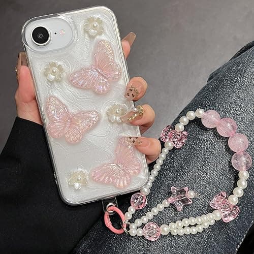 Changjia for iPhone 17e/16e Glitter Butterfly Case,Cute Girly 3D Flower Floral Crystal Pearl Bling Sparkle with Wrist Strap Chain Soft TPU Aesthetic Women Girls Phone Case for iPhone 17e/16e 6.1",Pink thumbnail 5