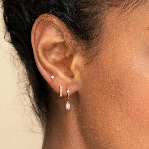 OOOPEL 3 Pairs Stackable Gold Hoop Earrings Set for Women 14K Gold Plated Earring Stacks CZ Heart Pearl Rhombus Bow Four Leaf Star Huggie Earrings for Women Trendy Jewelry thumbnail 6