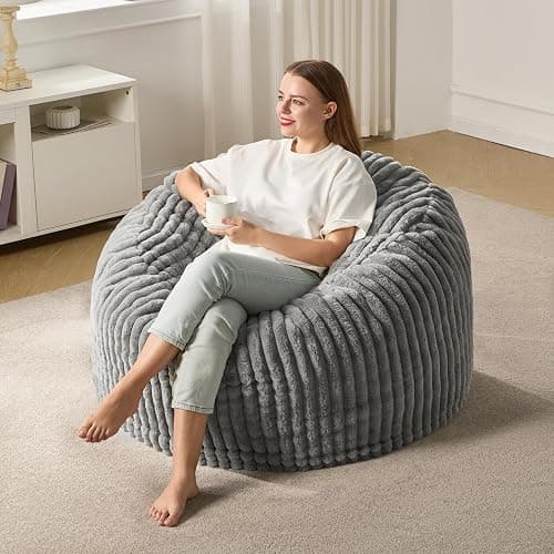 Hobestluk 3ft Bean Bag Chairs for Adults Large Beanbag Chair with Stripe Plush Cover Big Bean Bag Chair for Living Room Bedroom Dorm Office - Grey (36” x 36” x 22”) - Image 1