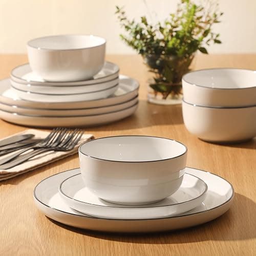 Gibson Home Oslo 12-Piece Porcelain Dinnerware Set – Dinner Plates, Salad Plates & Bowls, Classic White With Black Rim Everyday Dish Set for Home, Kitchen, Microwave & Dishwasher Safe thumbnail 4