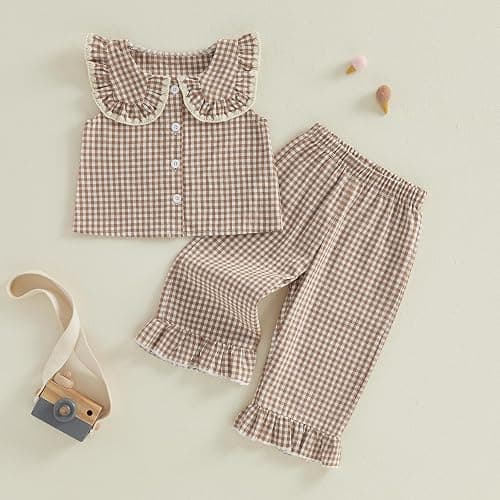 Toddler Baby Girl Clothes Summer Outfit Plaid Gingham Short Sleeve Shirt Sleeveless Tank Tops Pants Set thumbnail 2