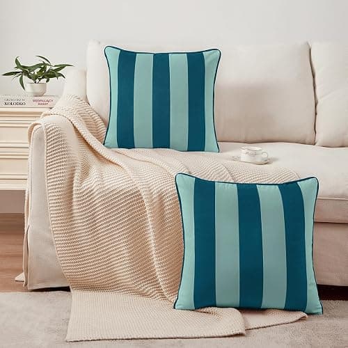 MONDAY MOOSE Decorative Throw Pillow Covers Cushion Cases, Set of 2 Soft Velvet Striped Piping Edge Designs, Pillow Inserts Not Included (16x16 inch, Blue/Light Blue) thumbnail 9