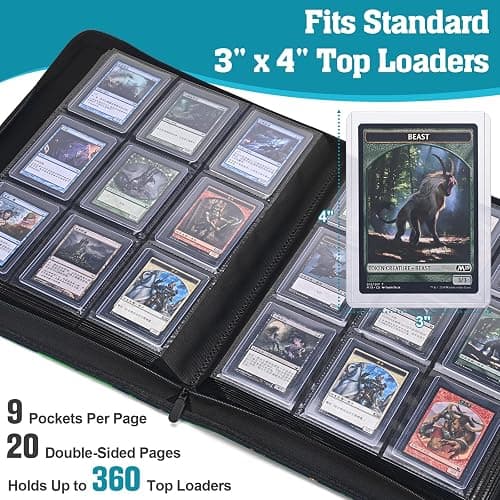 UGYAZX Top Loader Binder, 9 Pocket Holds 360 Toploaders, Acid-Free PVC-Free Side-Loading Pages, Full-Zip PU Binder for Standard 3" x 4" Top Loaders, TCG, MTG & Sports Cards, Blue Lake Dragon thumbnail 4