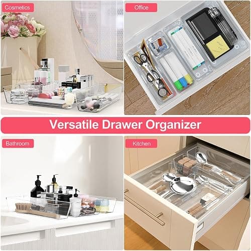 Comfylichi 15 Piece Clear Plastic Drawer Organizers Set - 4 Sizes Bathroom & Dresser Storage Bins, Stackable Kitchen Desk Organizer Trays for Makeup, Jewelry, Utensils, Junk, Gadgets thumbnail 7