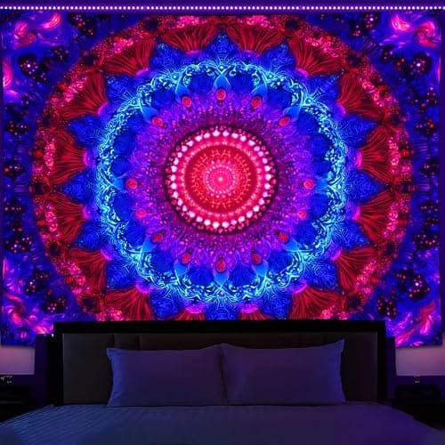 Manicer Blacklight Mandala Tapestry - UV Reactive Bohemian Red Blue Purple Floral Colorful Wall Hanging, Glow in the Dark Aesthetic Boho Wall Art Decor for Bedroom, Living Room, Dorm - 51.2" x 59.1" - Image 1