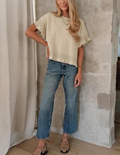 Yeokou Womens Short Sleeve Sweater Round Neck Ruffled Hem Knit Crochet Pullover Summer Fall Casual Top Blouse thumbnail 5