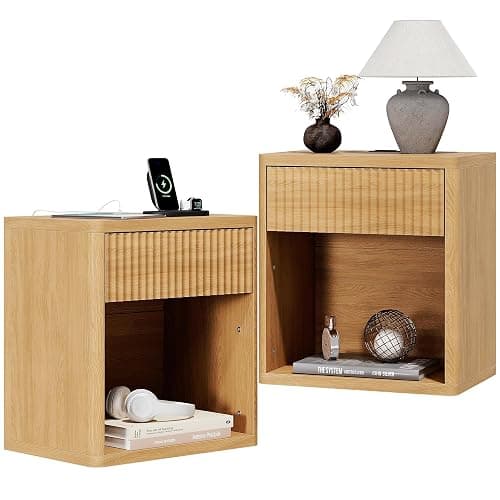 Fluted Nightstand Set of 2 with Charging Station, 21.7" Wide Modern Bedside Table with 1 Drawers Open Storage Cabinet, Wooden End Table for Bedroom, Natural Oak thumbnail 8