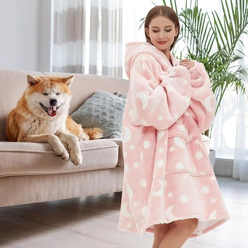 Fiosnow Glow in the Dark Star and Moon Blanket Hoodies for Women and Men Adult Fleece Sherpa Oversize Wearable Blanket Hoodies for Soft and Warm thumbnail 2