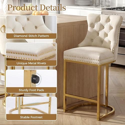 AQO Counter Height Bar Stools Set of 3 for Kitchen Island, Modern Bar Stools with Backs, 26 Inch Barstools with Upholstered Velvet Seat and Gold Legs, Beige thumbnail 3