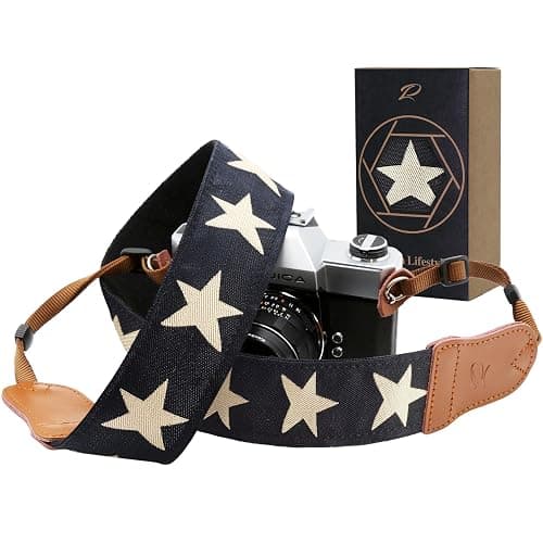 Padwa Lifestyle Pentagram Embroidered Camera Strap - Double Layer Cowhide Ends,2" Cotton Woven Camera Straps, Adjustable Vintage Neck & Shoulder Strap for All DSLR Cameras,Great Gift for Photographers - Image 1