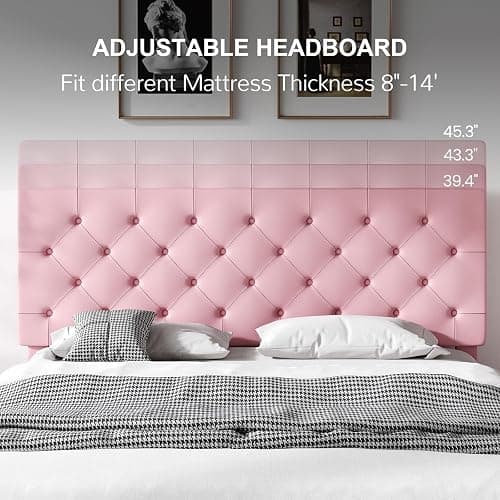 REVOMINCA Full Bed Frame with Headboard, Faux Leather Upholstered Platform Bed Frame, Pink Bed Frame Full Size, Wooden Slat Support, No Box Spring Needed, Pink thumbnail 5