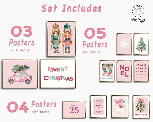 TwoDays Pink Christmas Wall Art, Pastel Holiday Xmas Aesthetic Poster for Room Decor, Vintage Santa Pine Tree Merry Gallery Artwork Prints. (Multi Sizes, 8" X 10" Largest, Set of 12, UNFRAMED) thumbnail 2