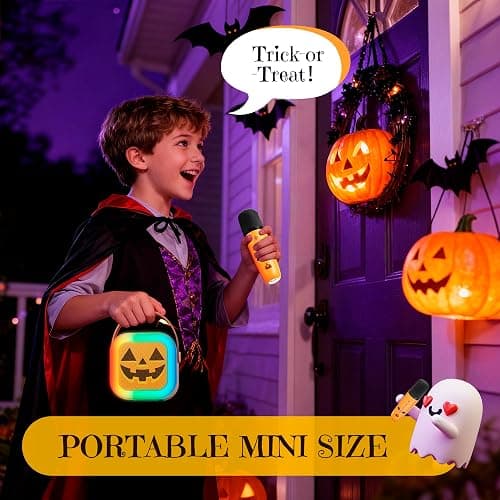 IROO Mini Karaoke Machine for Kids, Halloween Party Supplies & 2025 TOP Toy Gifts Ideas for Girls Boys Ages 4-12, Portable MP3 Player with 2 Wireless Mics for Birthday Christmas Singing Games（Pumpkin） thumbnail 2