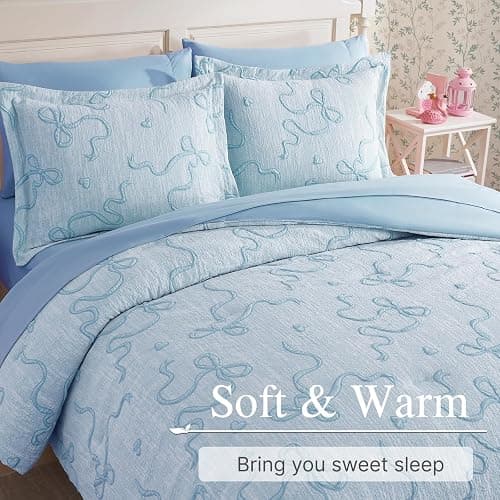 Full Size Comforter Sets for Girls - 7 Pieces Bow Bedding Set Bed in a Bag | Jacquard Cottage Core Bedding Sets, All Season Bed Set with Comforter, Sheets, Pillowcases & Shams, Light Blue thumbnail 2