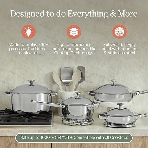 Our Place Titanium Pro Cookware Set (4-Piece) – Always Pan & Perfect Pot | Nonstick No-Coat Technology | Tri-Ply Titanium & Stainless Steel | Safe for Oven, Induction & Cooktops up to 1000°F | Chrome thumbnail 2