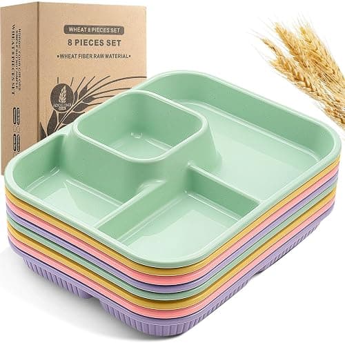 Pinkunn 8 Pcs 10'' Divided Plates Unbreakable Wheat Straw Dinnerware Lunch Trays Lightweight Reusable Plastic Compartment Microwave Dishwasher Safe Separator Plates (Green, Purple, Pink, Yellow) - Image 1