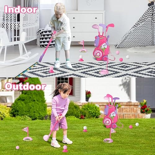 Jovizo Toddler Golf Set for Girls Boys 2 3 4 Years Old, Upgraded Kids Golf Cart with 3 Clubs & 8 Balls, Outdoor Indoor Sports Toys Birthday Gift, Pink - golf set thumbnail 6
