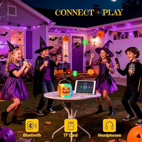 IROO Mini Karaoke Machine for Kids, Halloween Party Supplies & 2025 TOP Toy Gifts Ideas for Girls Boys Ages 4-12, Portable MP3 Player with 2 Wireless Mics for Birthday Christmas Singing Games（Pumpkin） thumbnail 6