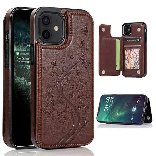 JIATAY Wallet Phone Case for iPhone 14 Plus Case with Card Slot, Butterfly Flower Flip Leather iPhone 14 Plus Phone Case with Stand for Women Men (Brown) - Image 1
