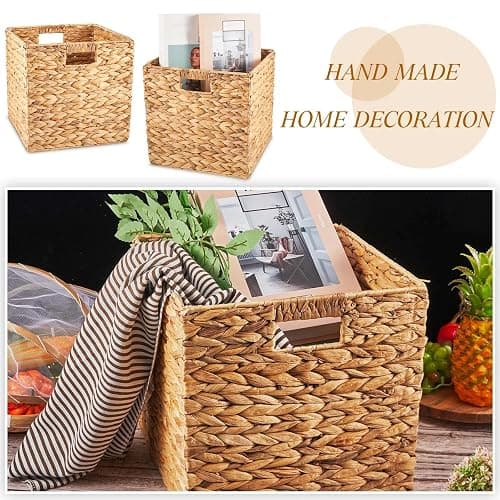 Jinei 12 Pcs Water Hyacinth Storage Baskets 10"x10"x10" Wood Color | Handwoven Wicker Bins with Handles, Wicker Cube Baskets Bulk for Shelves Organizer Laundry, Closet Bedroom thumbnail 3