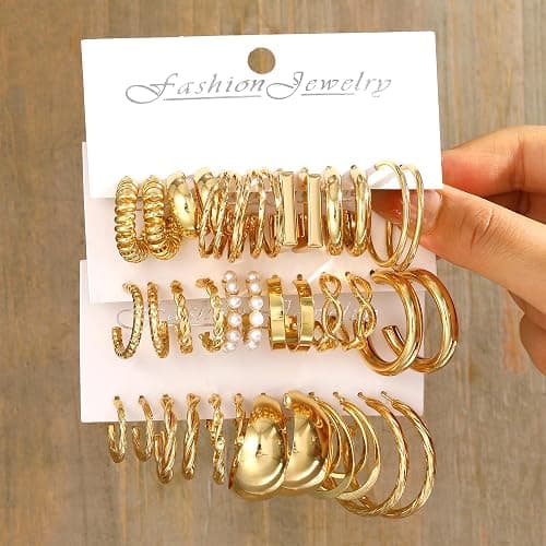 42 Pairs Gold Hoop Earrings Set for Women, Fashion Chunky Pearl Earrings Multipack Twisted Statement Earring Pack, Hypoallergenic Small Big Hoops Earrings for Birthday Party thumbnail 4