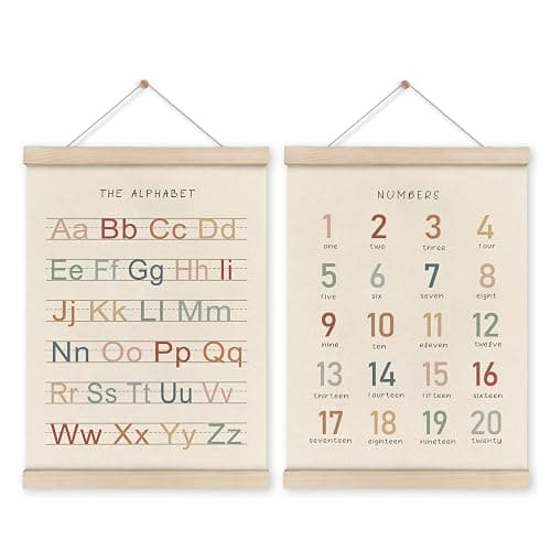 HRQKO Alphabet Numbers Poster Hanger Frame Set of 2, Nursery Wall Decor, ABC Banner Poster Wall Art with Wooden Frames, Alphabet Banner Wall Hanging Decor for Toddler Playroom Nursery, 12x16 Inch - 12X16 - Alphabet & Numbers - Image 1